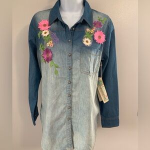 NWT Aratta Two-Tone Blue Denim Shirt with Decorative Floral Embroidery